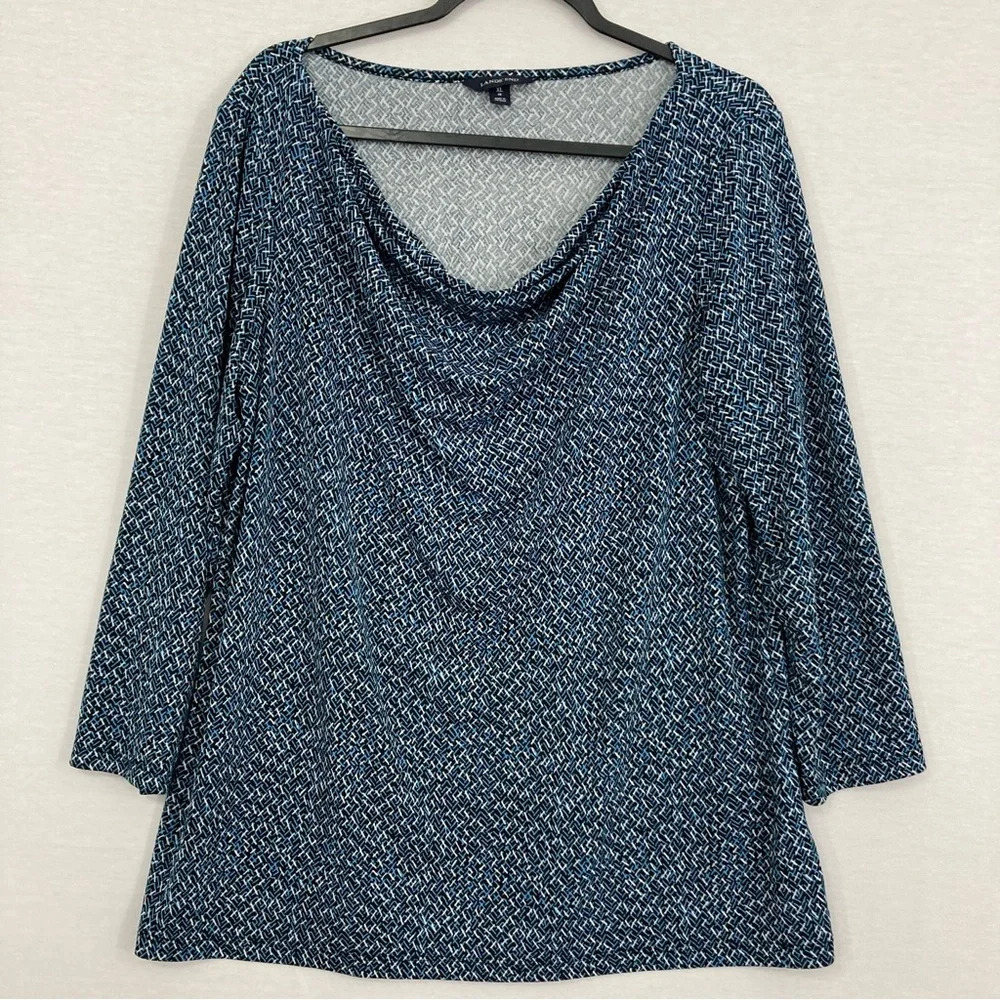 Lands' End Blue Geometric Print Cowl Neck Soft Stretch Knit Pullover Top size 18